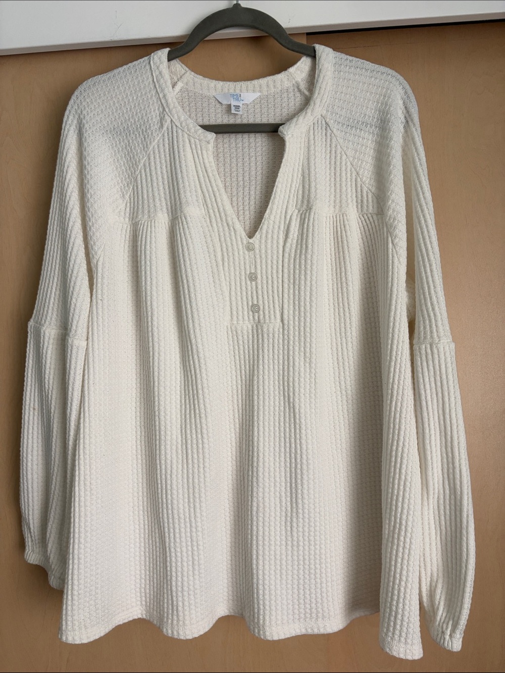 Time and Tru Cream Waffle Knit Henley Long Sleeve Top